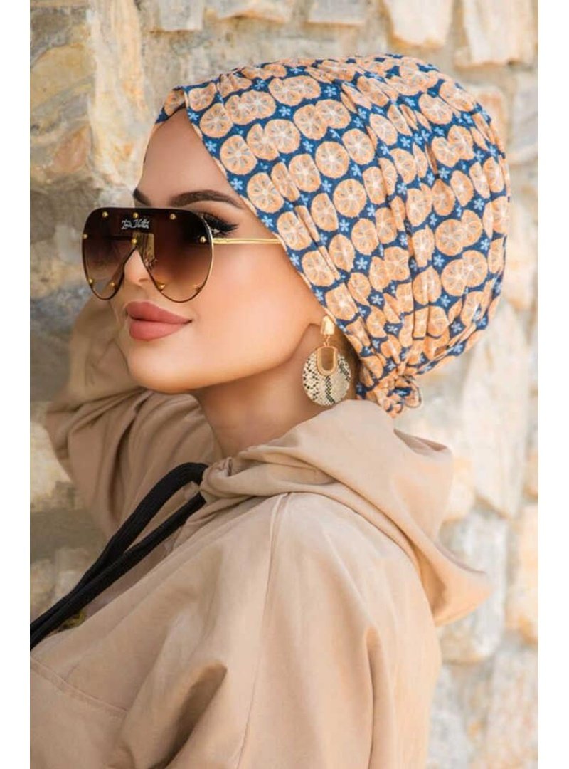 AİŞE TESETTÜR Lacivert Camel Desen Tokalı Bone AİŞE TESETTÜR Lacivert Camel Desen Tokalı Bone