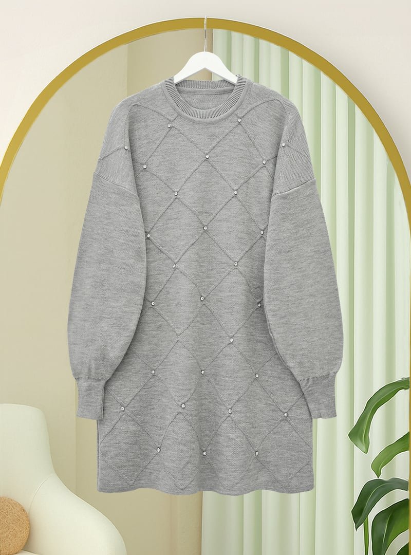 Podyumplus Gri Taş Detaylı Kare Desenli Triko Tunik