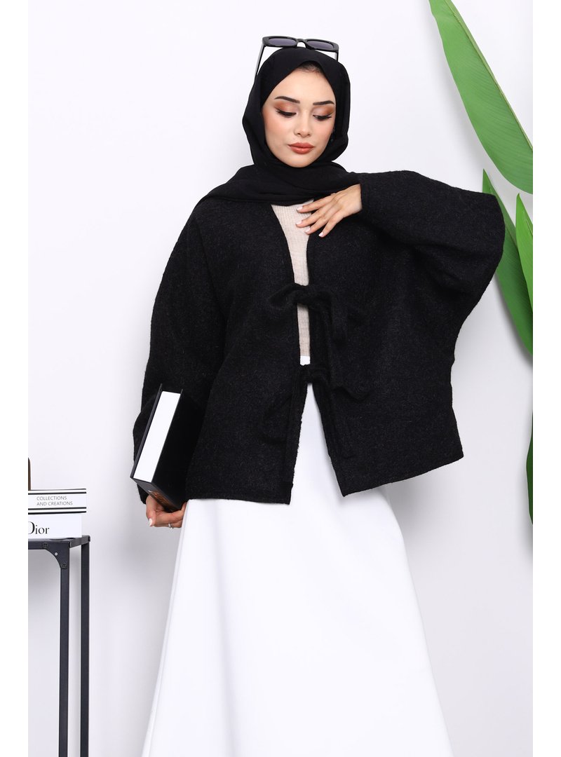 İmaj Butik Siyah Önü Bağlamalı Keçe Kimono Ceket İmaj Butik Siyah Önü Bağlamalı Keçe Kimono Ceket