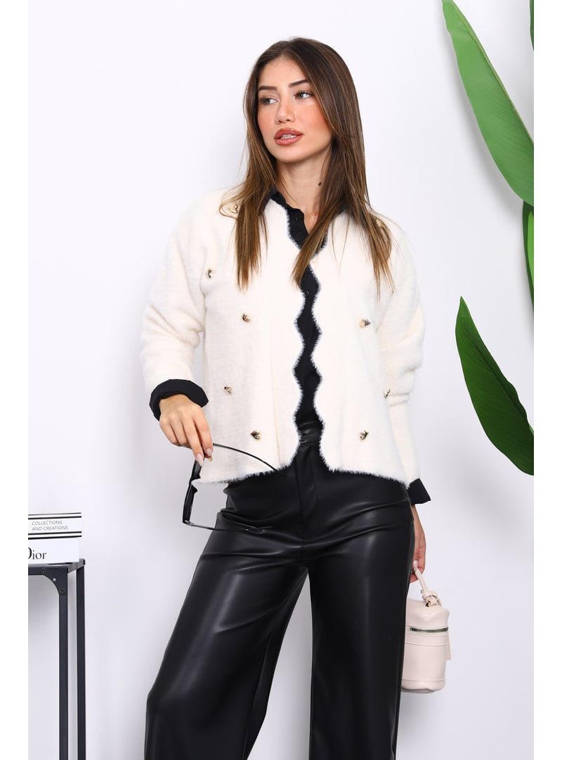 İmaj Butik Krem Düğme Detaylı Angora Yumoş Triko Hırka