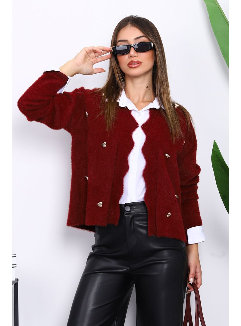 İmaj Butik Bordo Düğme Detaylı Angora Yumoş Triko Hırka