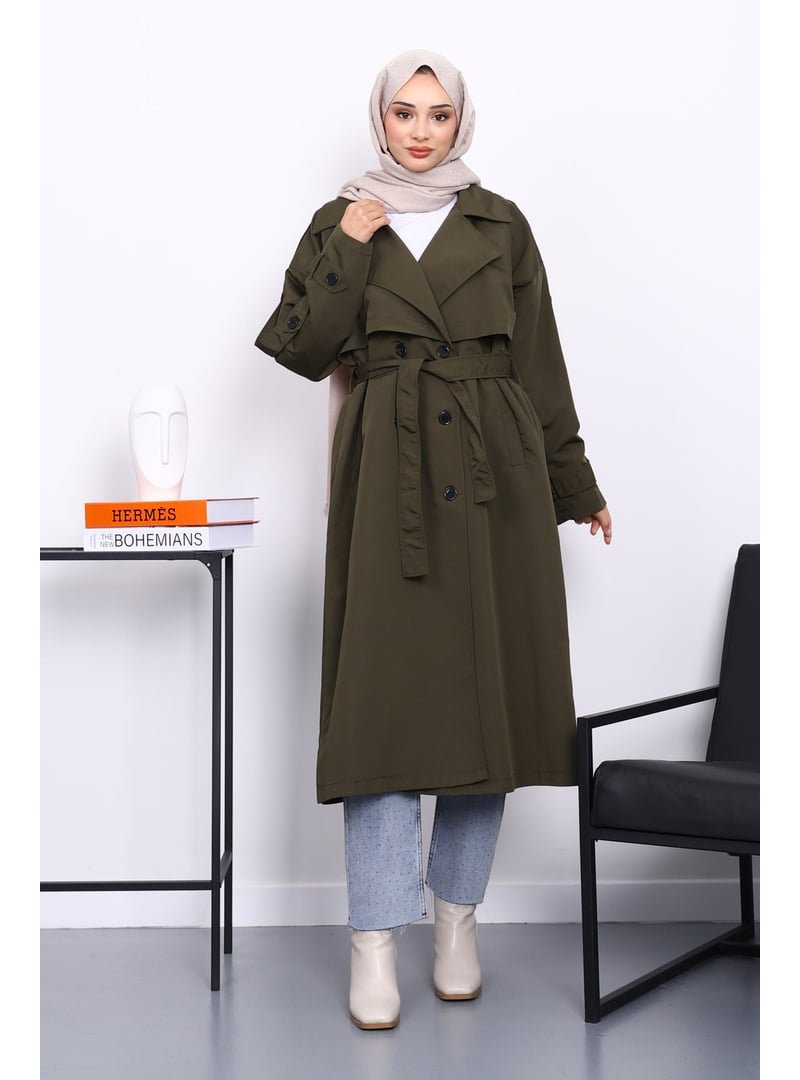 İmaj Butik Haki Kruvaze Yaka Astarlı Trençkot