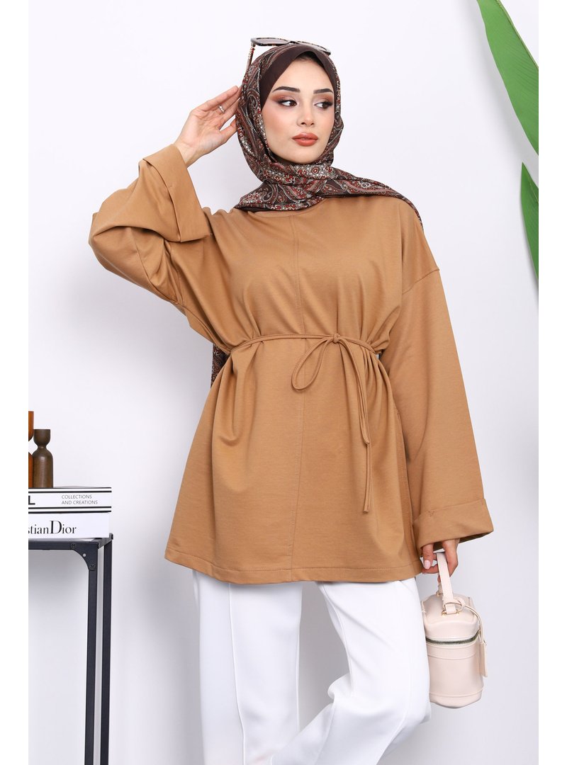 İmaj Butik Bisküvi Yanları Yırtmaçlı Bel İpli Tunik