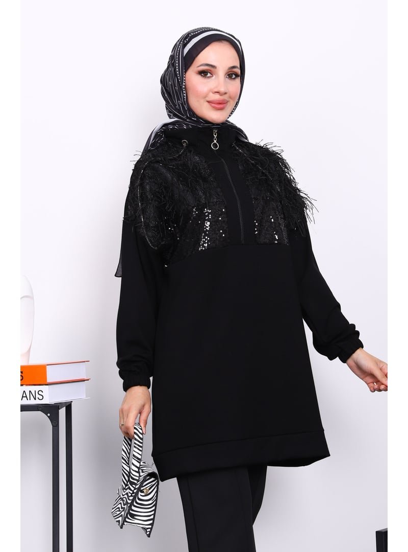 İmaj Butik Siyah Yaka Fermuarlı Püsküllü Tunik