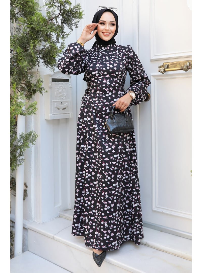 Neva Style Çiçek Desenli Siyah Elbise 61071s Neva Style Çiçek Desenli Siyah Elbise 61071s