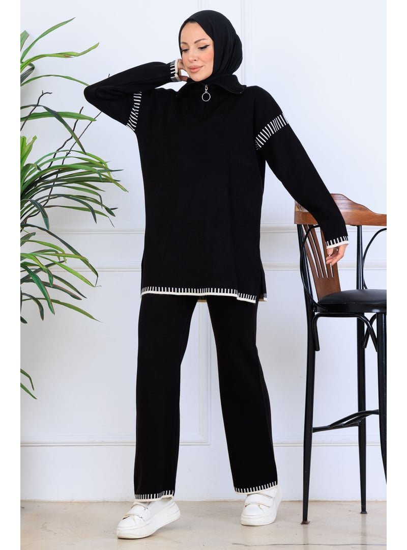 Benguen Siyah Yakası Fermuarlı Şerit Detay Triko Takım