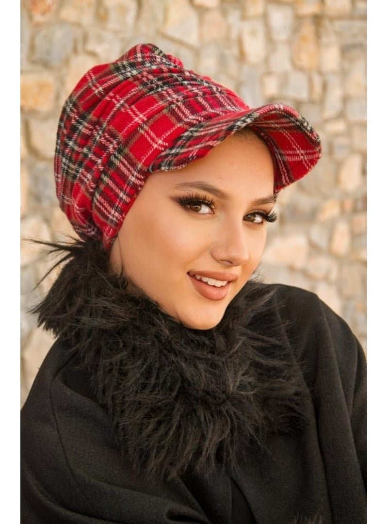 AİŞE TESETTÜR Kırmızı Ekose Desen Şapka AİŞE TESETTÜR Kırmızı Ekose Desen Şapka