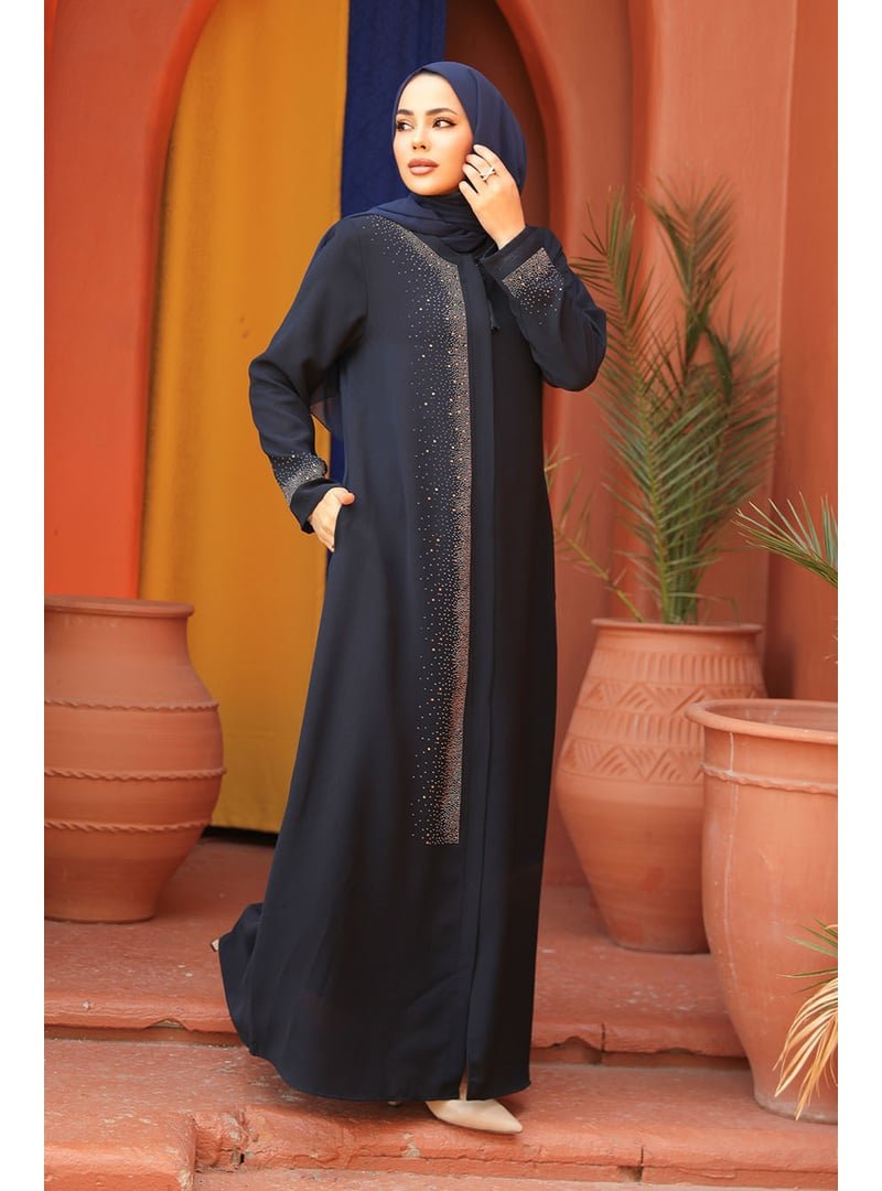 Neva Style Boncuk Detaylı Lacivert Abaya 26331l