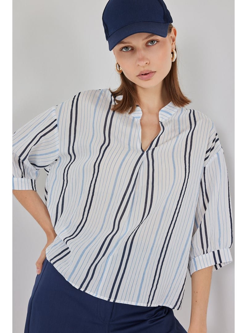 Bigdart Açık Mavi Çizgili Oversize Bluz Bigdart Açık Mavi Çizgili Oversize Bluz