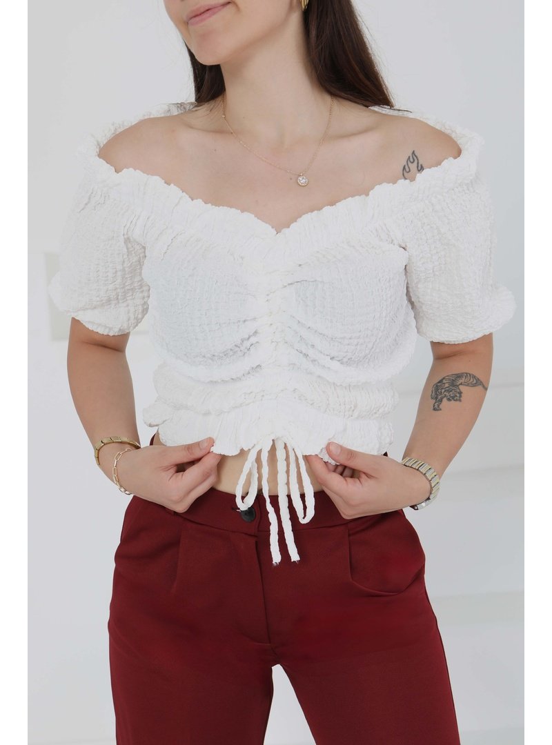 Tofisa Beyaz Buffle Büzgülü Crop