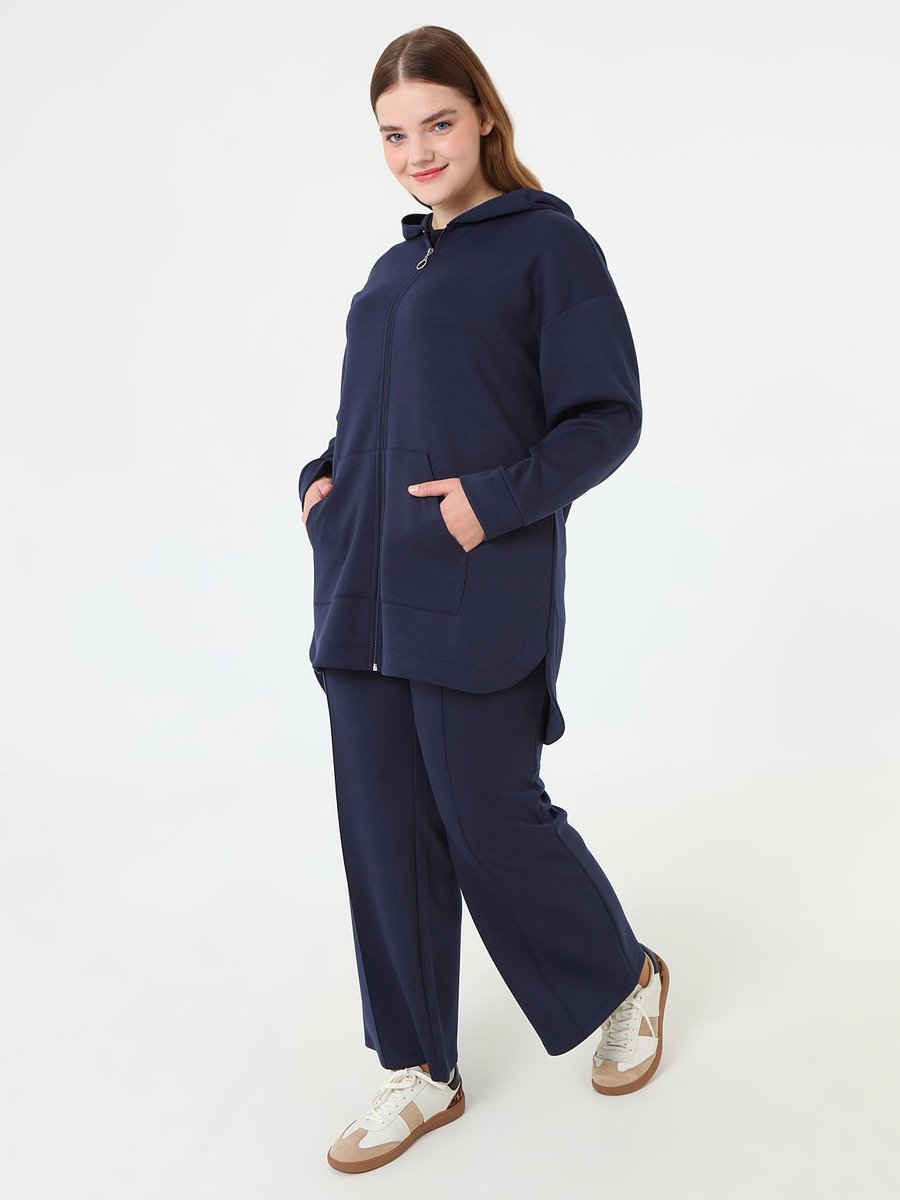 Alia Lacivert Fermuarlı Kapuşonlu Spor Sweatshirt & Pantolon Büyük Beden Takım