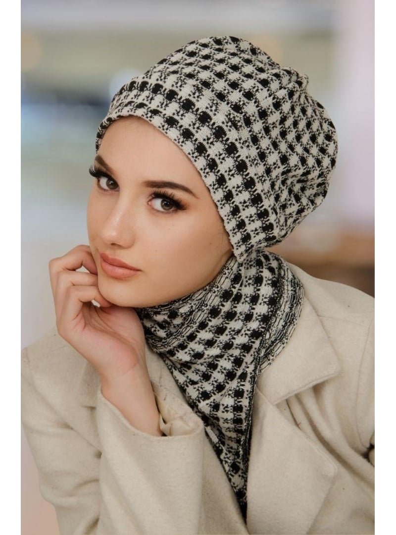 AİŞE TESETTÜR Siyah Beyaz Ekose Bere Ve Etol Takım