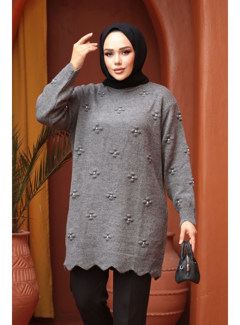 Neva Style Çiçek Detaylı Füme Triko Kazak Tunik 8764fu