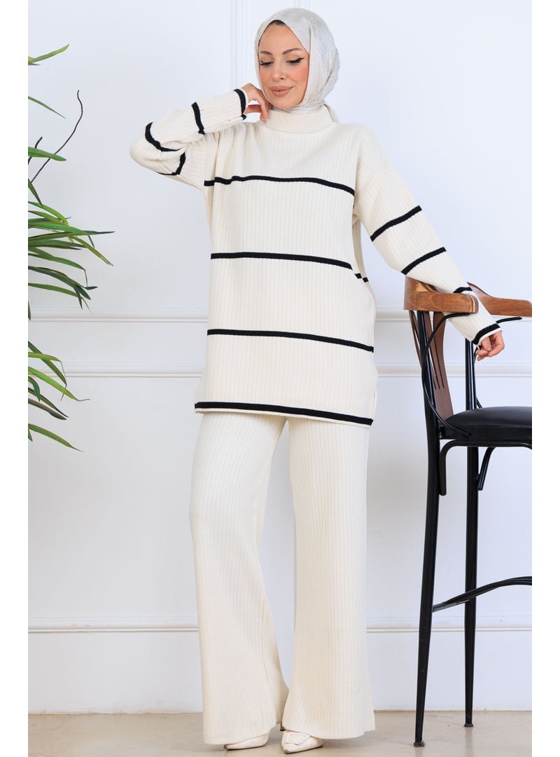 Benguen Taş Rengi Fitilli Çizgili Triko Takım