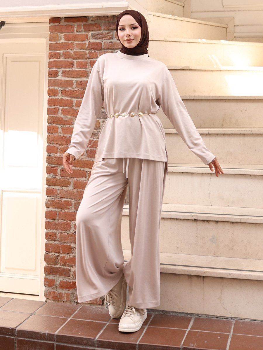 Vav Taş Rengi Yırtmaçlı Bluz Pantolontakım Vav Taş Rengi Yırtmaçlı Bluz Pantolontakım