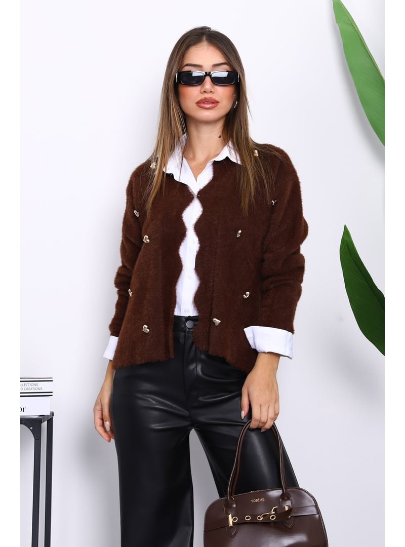 İmaj Butik Kahverengi Düğme Detaylı Angora Yumoş Triko Hırka