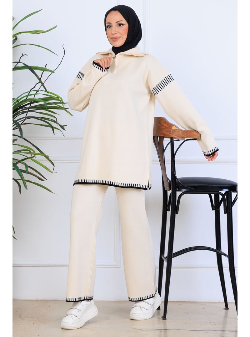 Benguen Taş Rengi Yakası Fermuarlı Şerit Detay Triko Takım