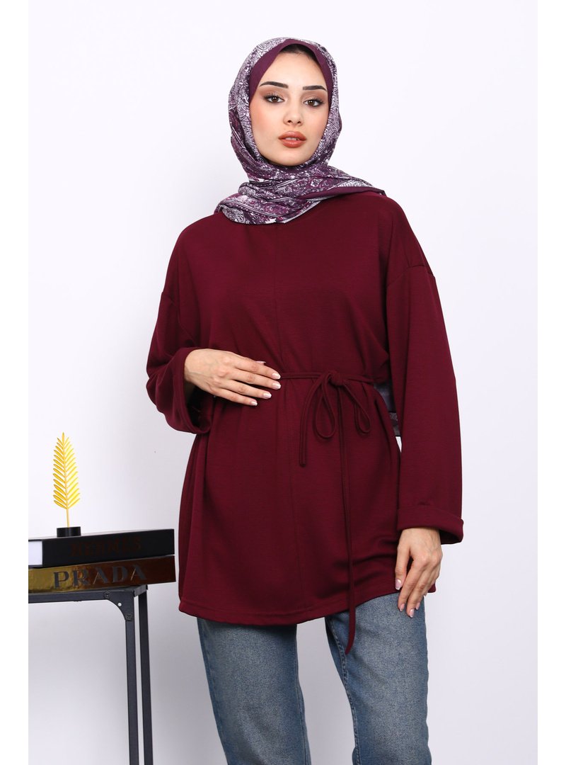 İmaj Butik Mürdüm Yanları Yırtmaçlı Bel İpli Tunik