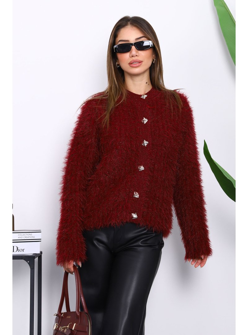 İmaj Butik Bordo Düğmeli Simli Angora Yumoş Triko Hırka