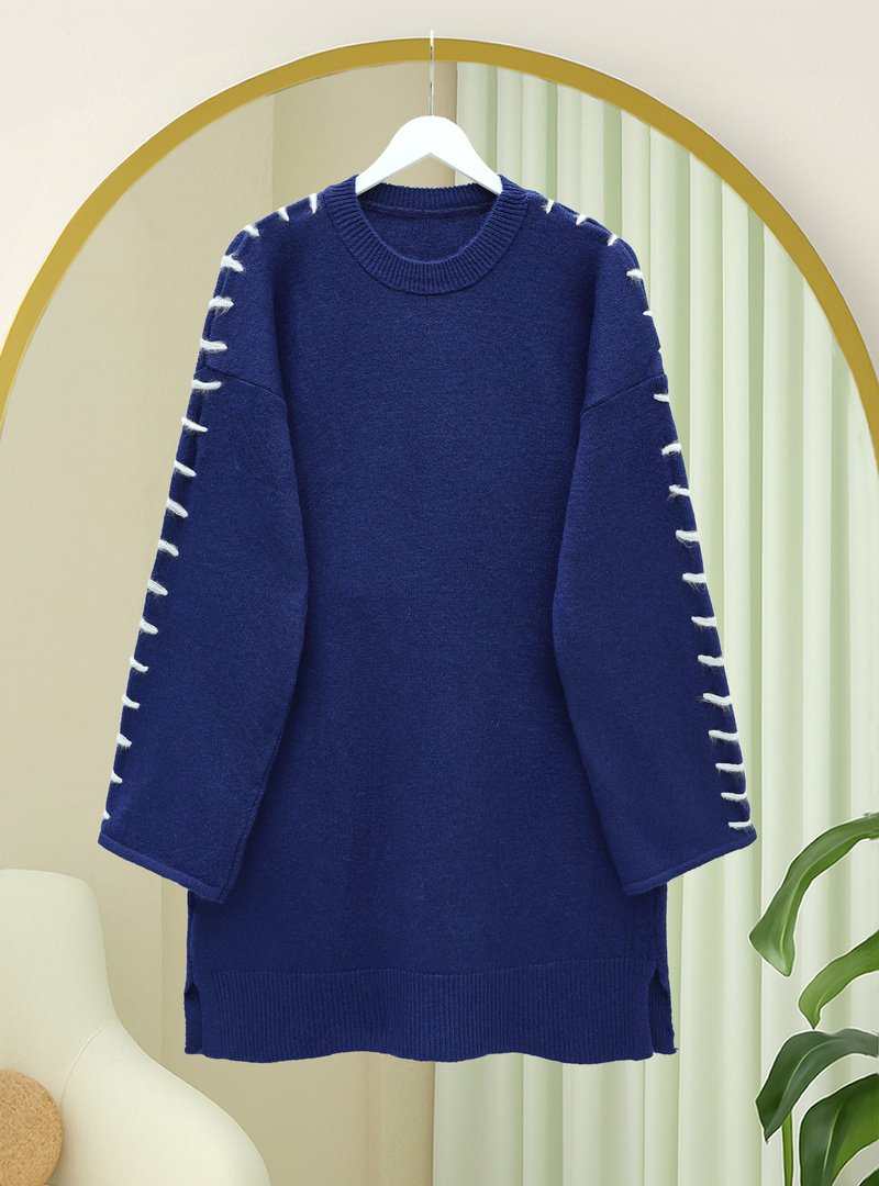 Podyumplus Laci Kolları İpli Çizgili Yumoş Triko Tunik