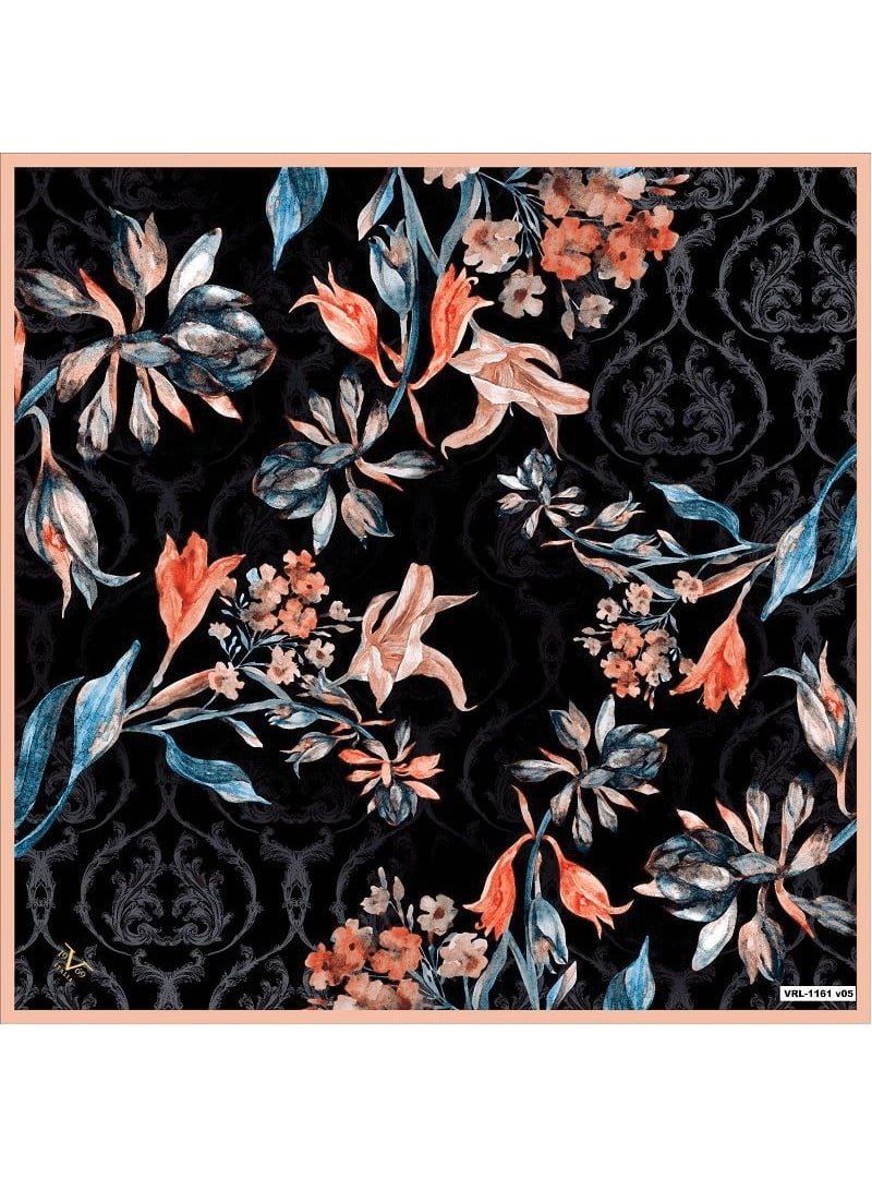19v69 ITALIA Somon Çiçekli Desen Black Seri Rayon Eşarp Askısı İle Birlikte 90x90 Cm Siyah