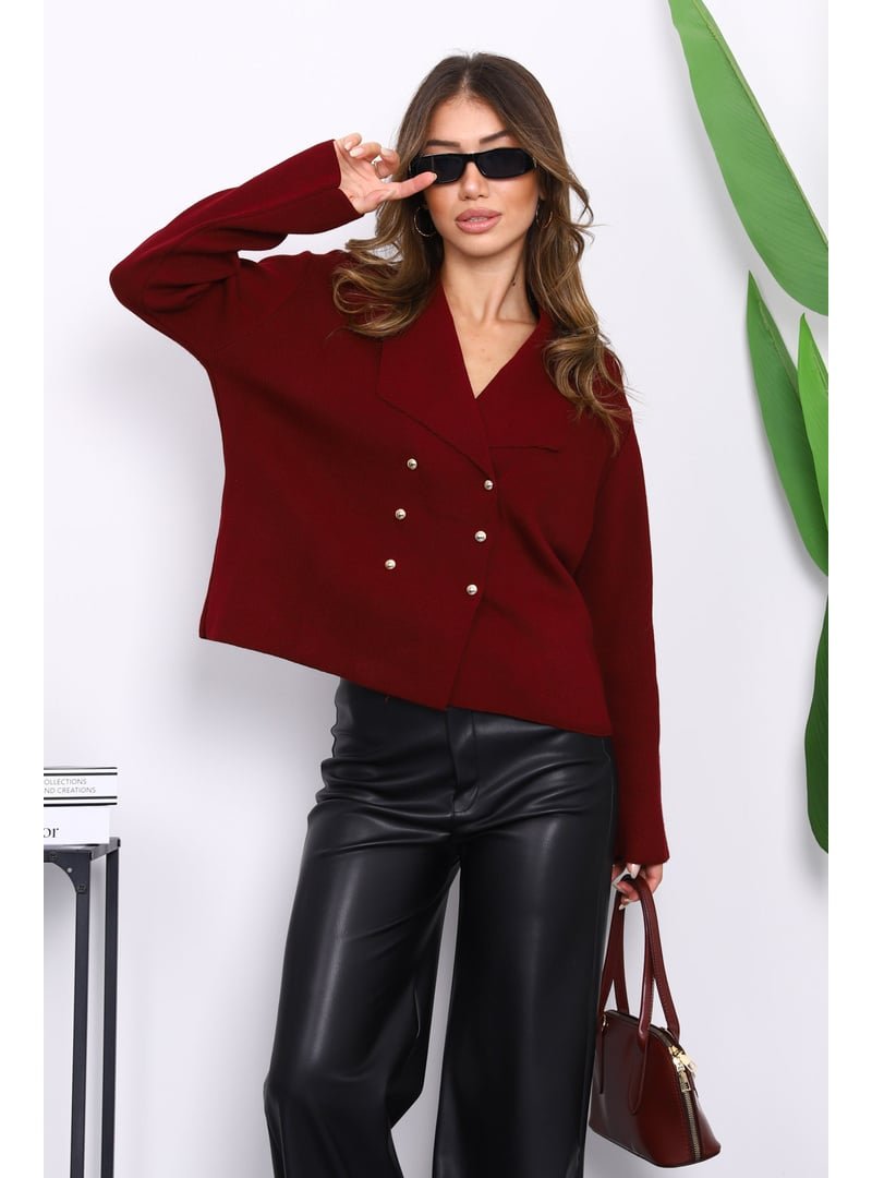 İmaj Butik Bordo Kruvaze Yaka Düğmeli Triko Hırka
