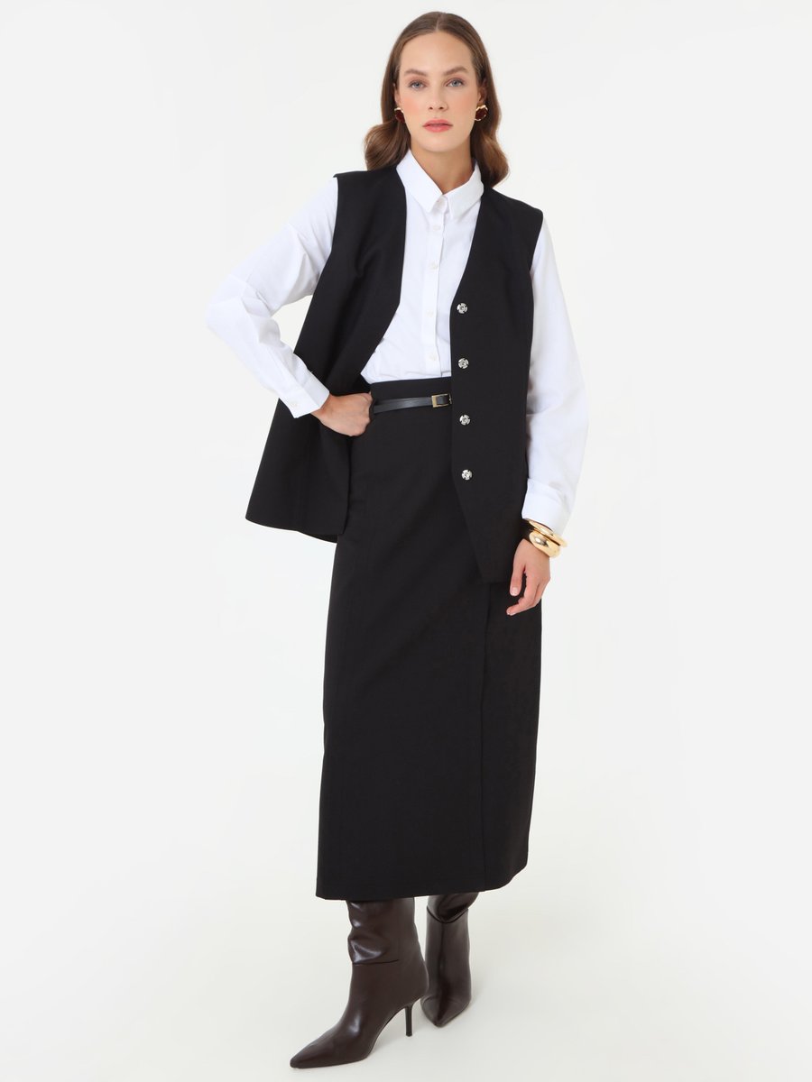 Refka Siyah Deri Kemer Detaylı Kalem Etek