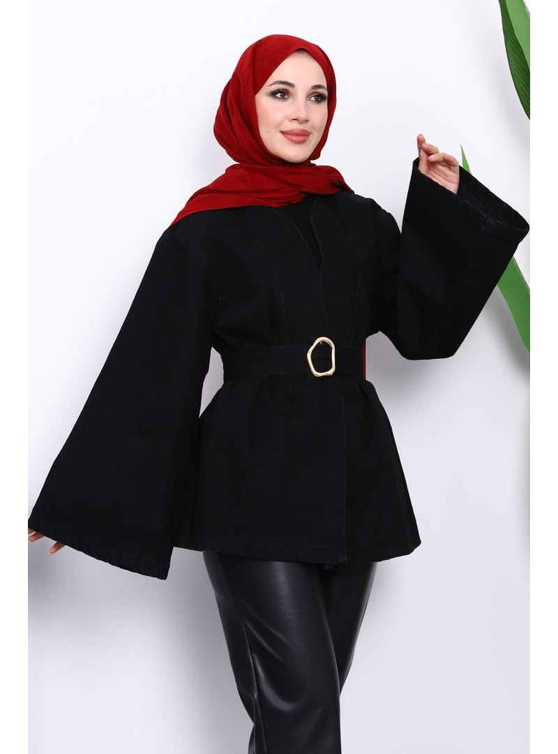 İmaj Butik Siyah Geniş Kol Kemerli Kot Ceket