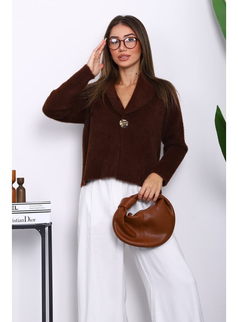 İmaj Butik Kahverengi Tek Düğmeli Angora Yumoş Hırka