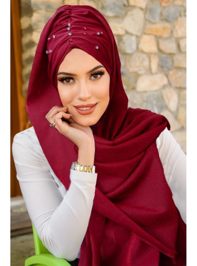 AİŞE TESETTÜR Bordo Işıltılı Taşlı Abiye Şal