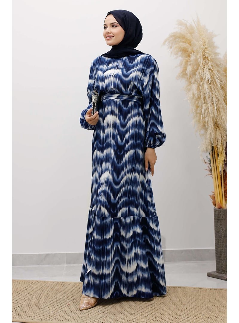 Tesettür Dünyası Lacivert Eteği Volanlı Sulu Boya Desenli Viskon Elbise