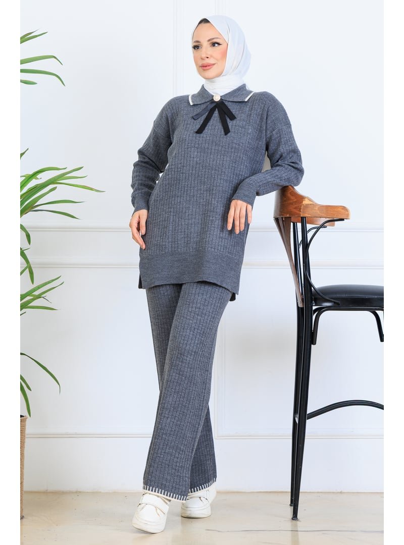 Benguen Antrasit Yakası Kurdele Detay Triko Takım