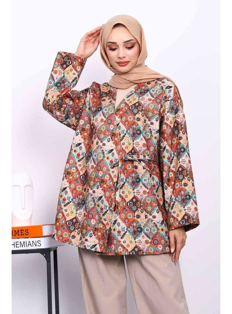 İmaj Butik Bej Etnik Desenli Yan Bağlamalı Kimono Ceket