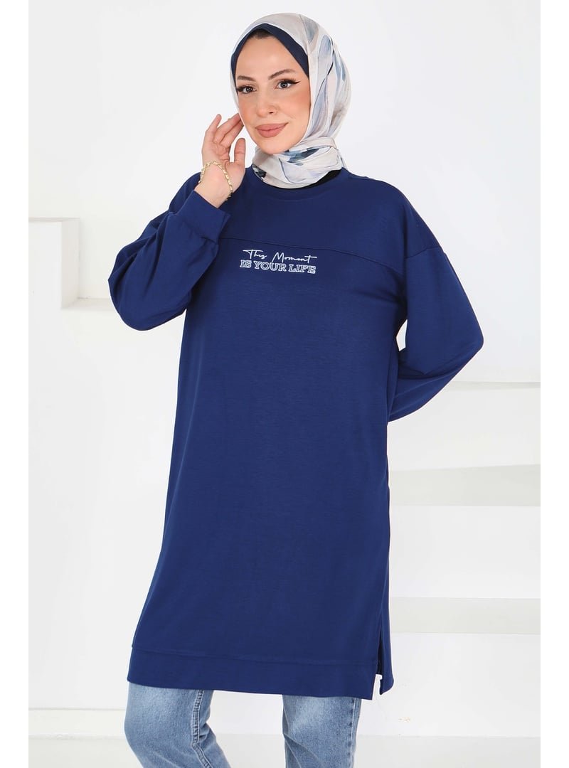 Tofisa Lacivert Önü Baskılı Yırtmaçlı Modal Tunik