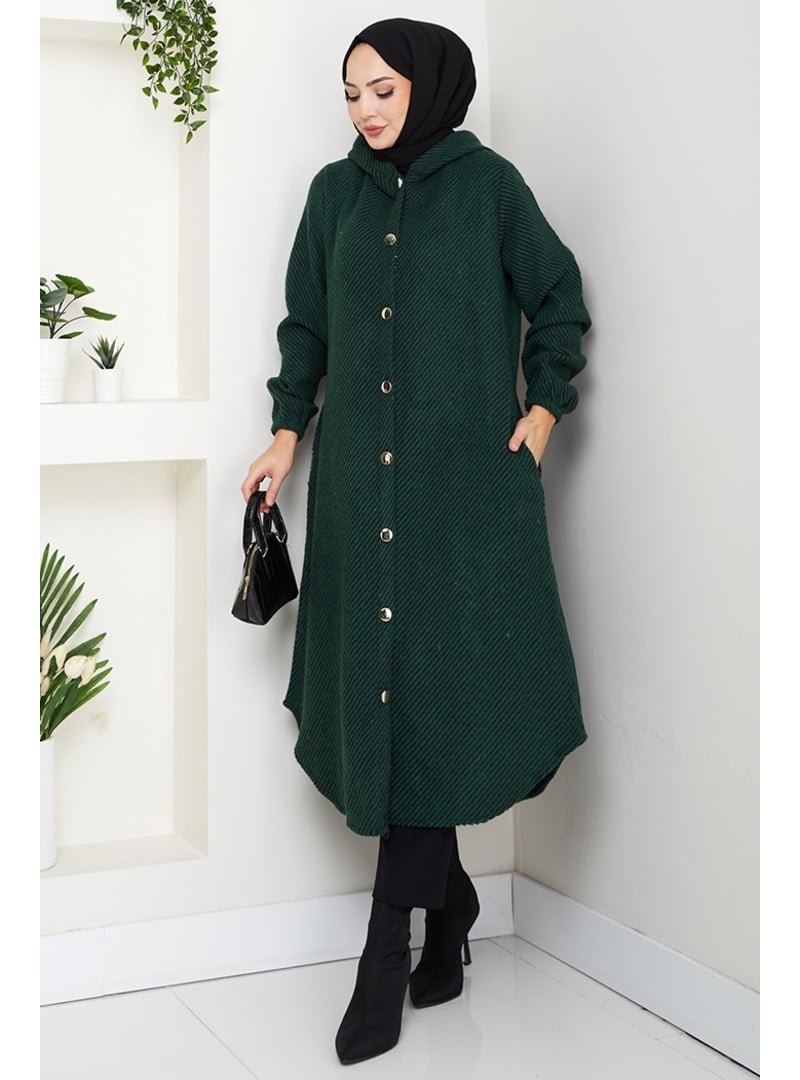 Bestenur Zümrüt Yeşili Çizgi Detay Kapüşonlu Kaşe Kap