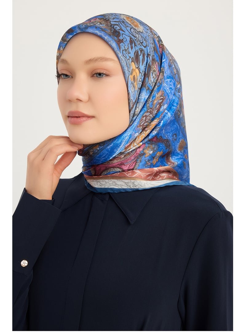 ŞALESS 90x90 Cm Altın Bahçe İndigo Aurora Desenli Janjan Eşarp