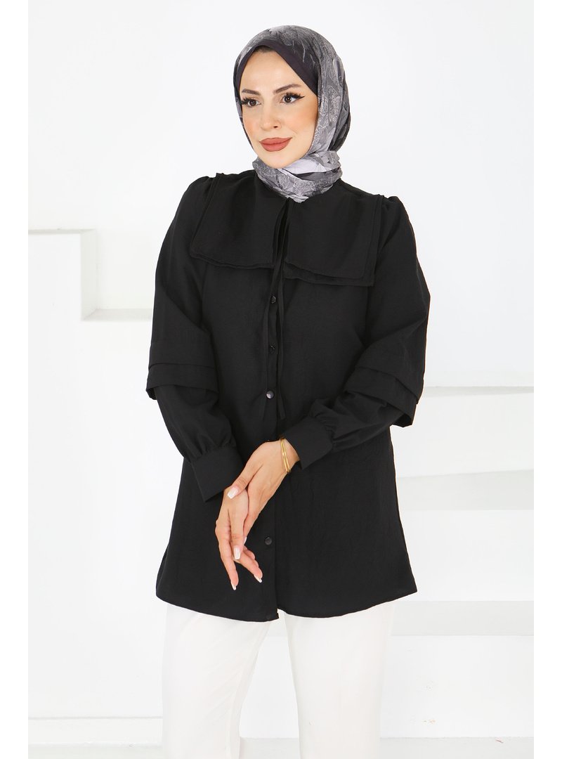 Tofisa Siyah Sıyah Kare Yaka Detaylı Dokuma Tunik