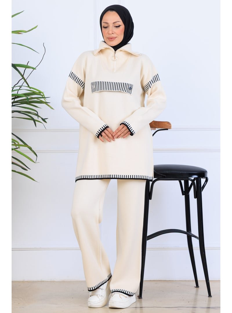 Benguen Taş Rengi Yakası Fermuarlı Triko Takım