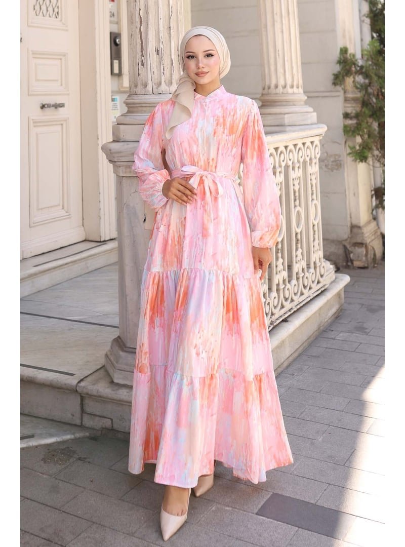 Bigdart Pembe Desenli Uzun Elbise Bigdart Pembe Desenli Uzun Elbise