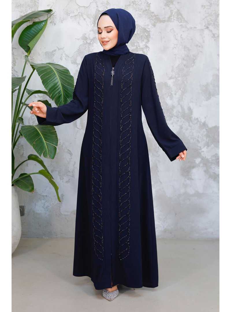 Neva Style Boncuk İşlemeli Lacivert Ferace 29122l