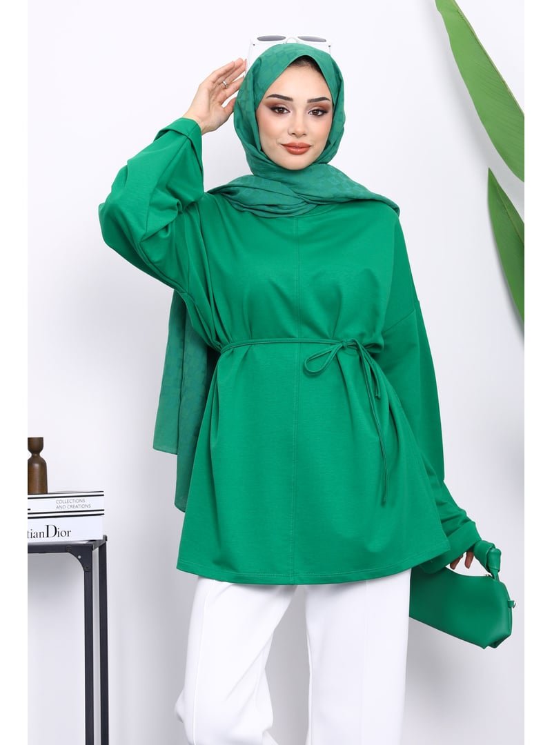 İmaj Butik Yeşil Yanları Yırtmaçlı Bel İpli Tunik