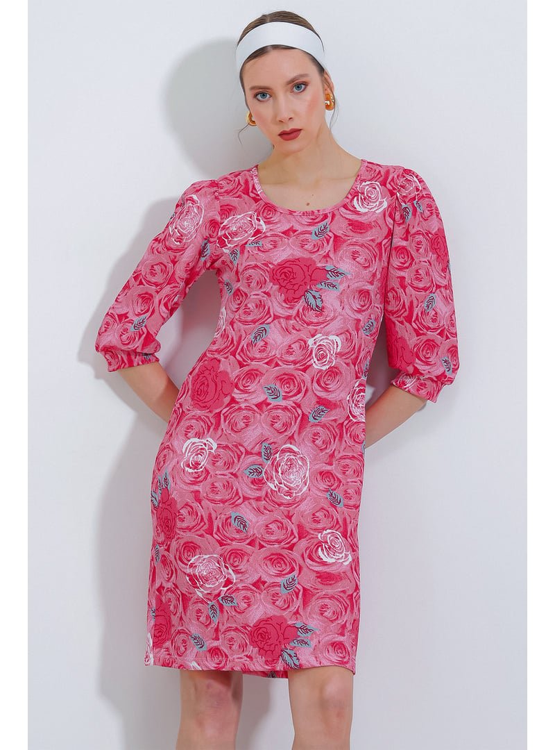 Bigdart Nar Gül Desenli Midi Elbise