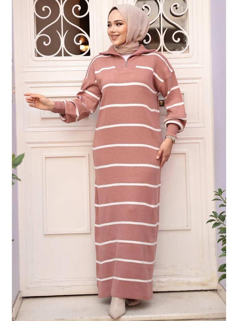 Neva Style Çizgili Gül Kurusu Triko Elbise 17206gk Neva Style Çizgili Gül Kurusu Triko Elbise 17206gk
