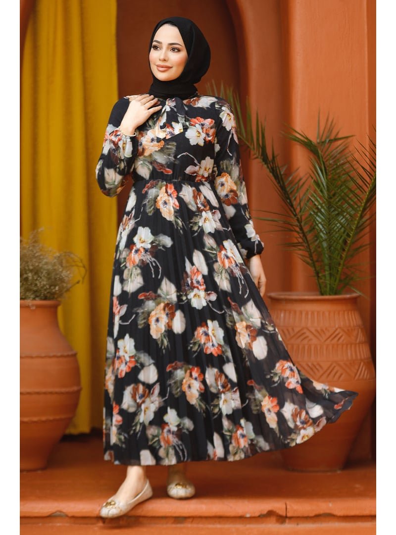 Neva Style Çiçek Desenli Siyah Elbise 50191s Neva Style Çiçek Desenli Siyah Elbise 50191s