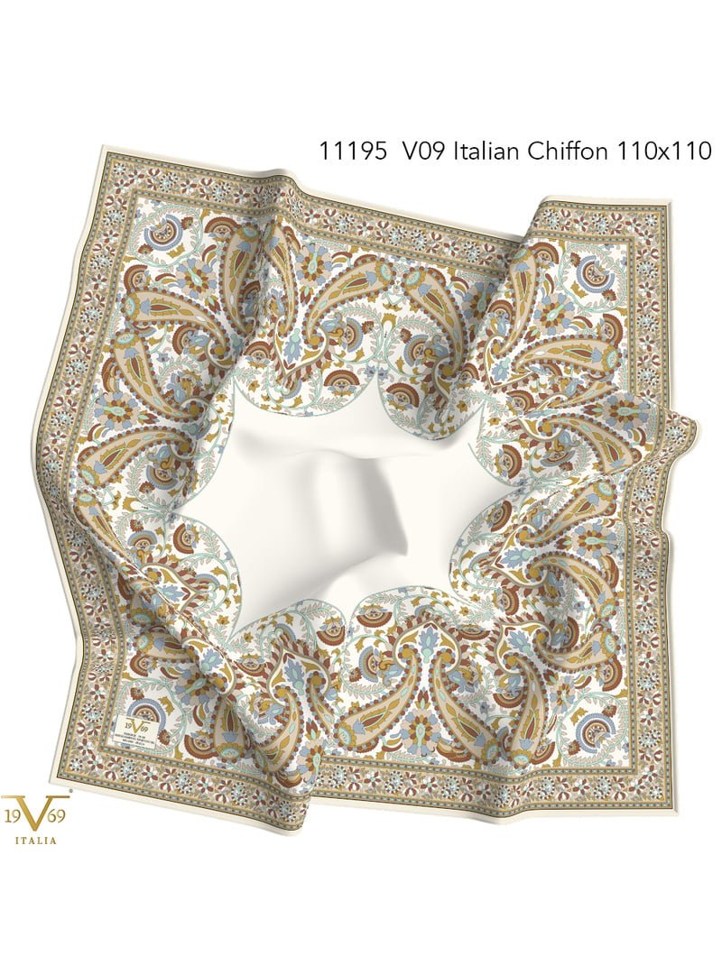 19v69 ITALIA Mavi Desenli İtalyan Şifon Seri Eşarp Askısı İle Birlikte 110x110 Cm Kahve