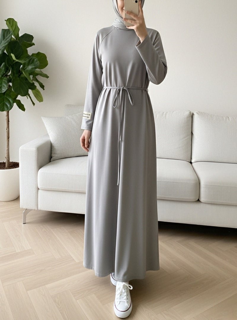 Podyumplus Gri Yuvarlak Yaka Beli Bağlamalı Oysho Elbise