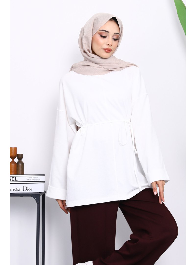 İmaj Butik Ekru Yanları Yırtmaçlı Bel İpli Tunik