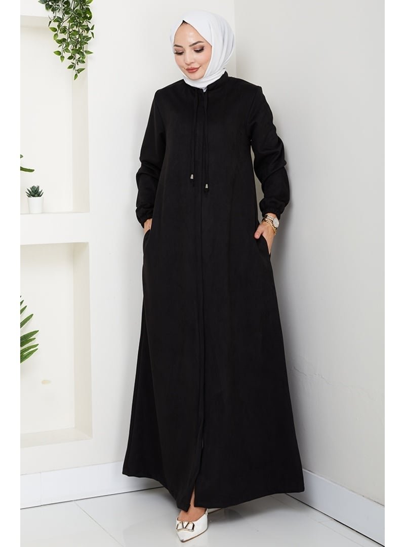 Bestenur Siyah Gizli Fermuarlı Süet Ferace