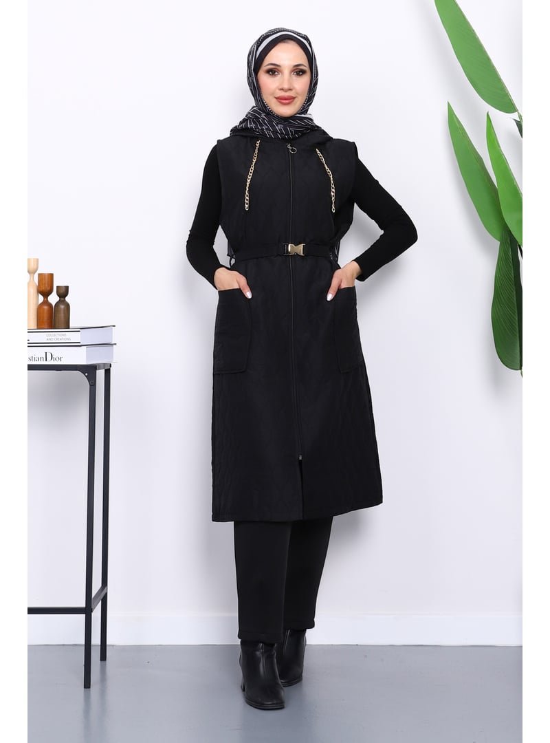 İmaj Butik Siyah Kapüşonlu Kemerli Kapitone Yelek İmaj Butik Siyah Kapüşonlu Kemerli Kapitone Yelek