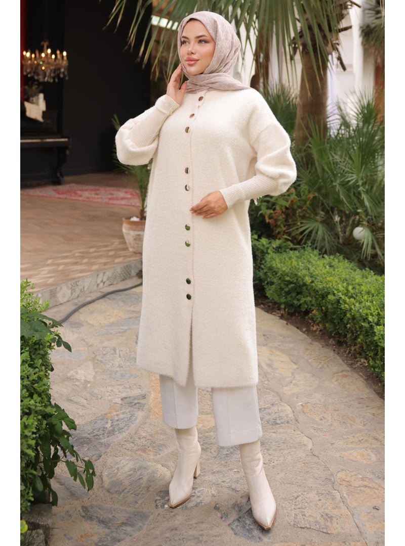 İmaj Butik Krem Hakim Yaka Angora Yumoş Kaban Hırka